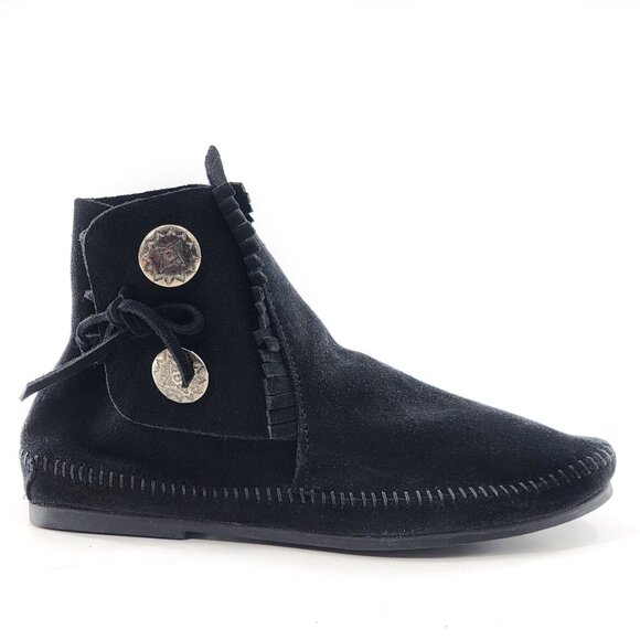 MINNETONKA NWOB Two Button Suede Western Moccasin Booties Black - Picture 4 of 6